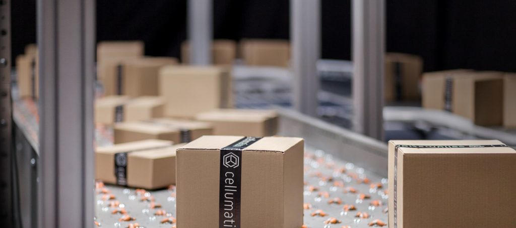 conveyor belt system with cellumation brand on box packages