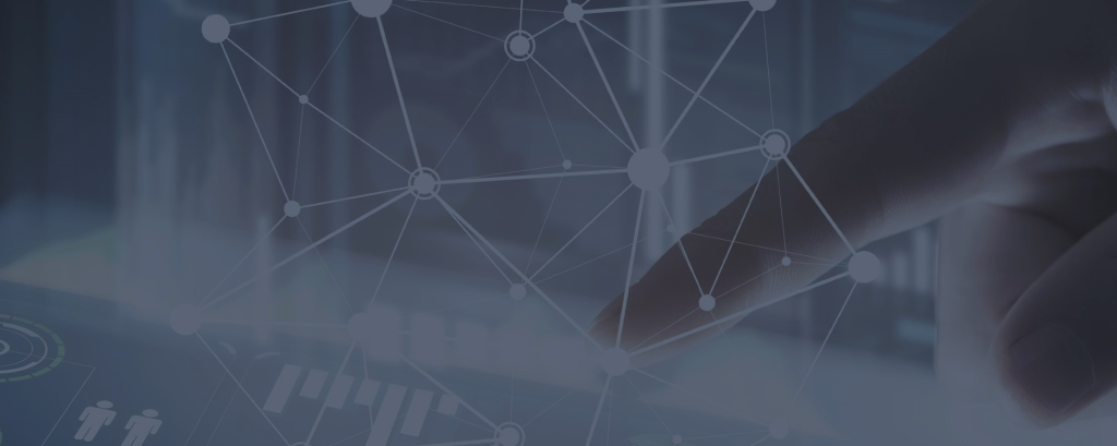 a pointed finger tapping on a digital screen with some graphics to represent software and IT overlaying the hand